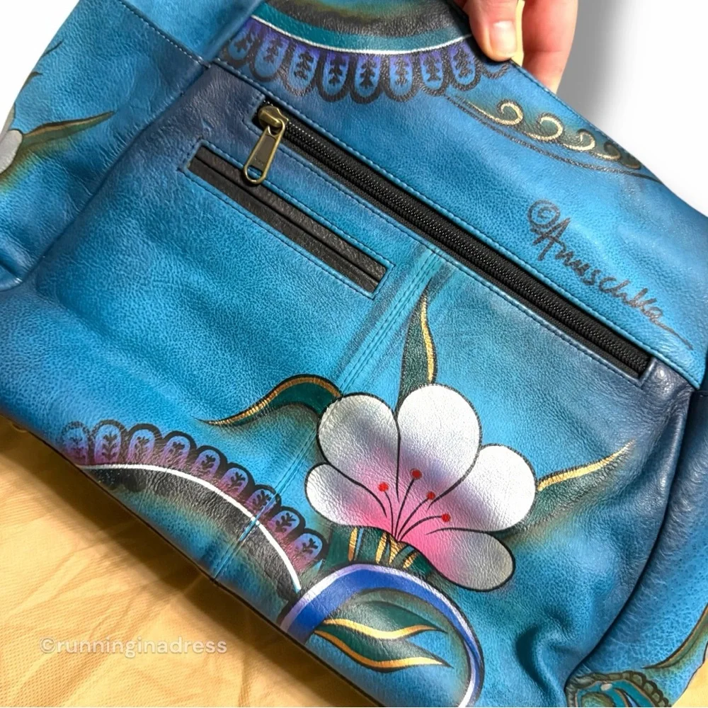 NEW Anuschka Hand Painted Large Multi Pocket Hobo Handbag Denim Paisley Floral